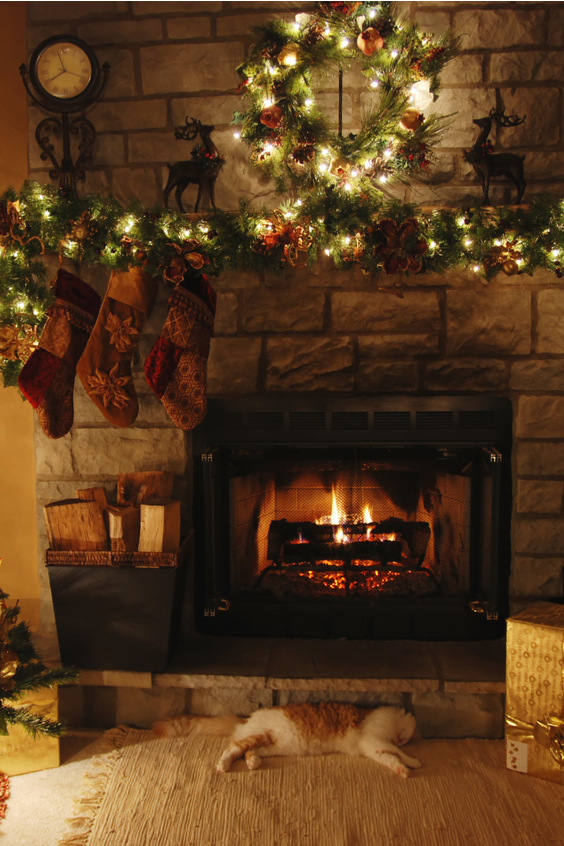 A fireplace with Christmas decorations
