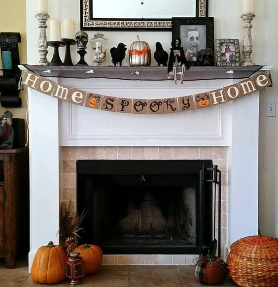 Fireplace decorated with halloween theme