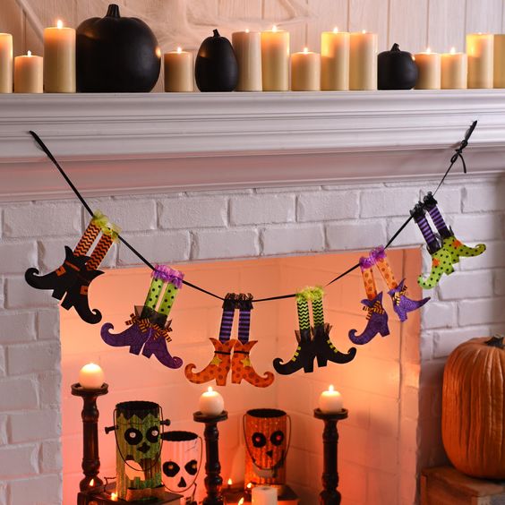 Fireplace decorated with halloween theme