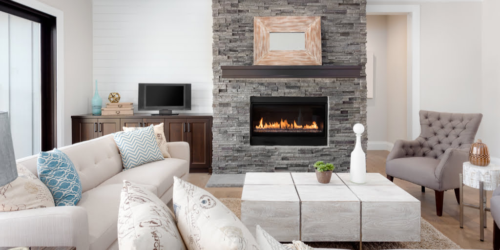 Stone fireplace in living room